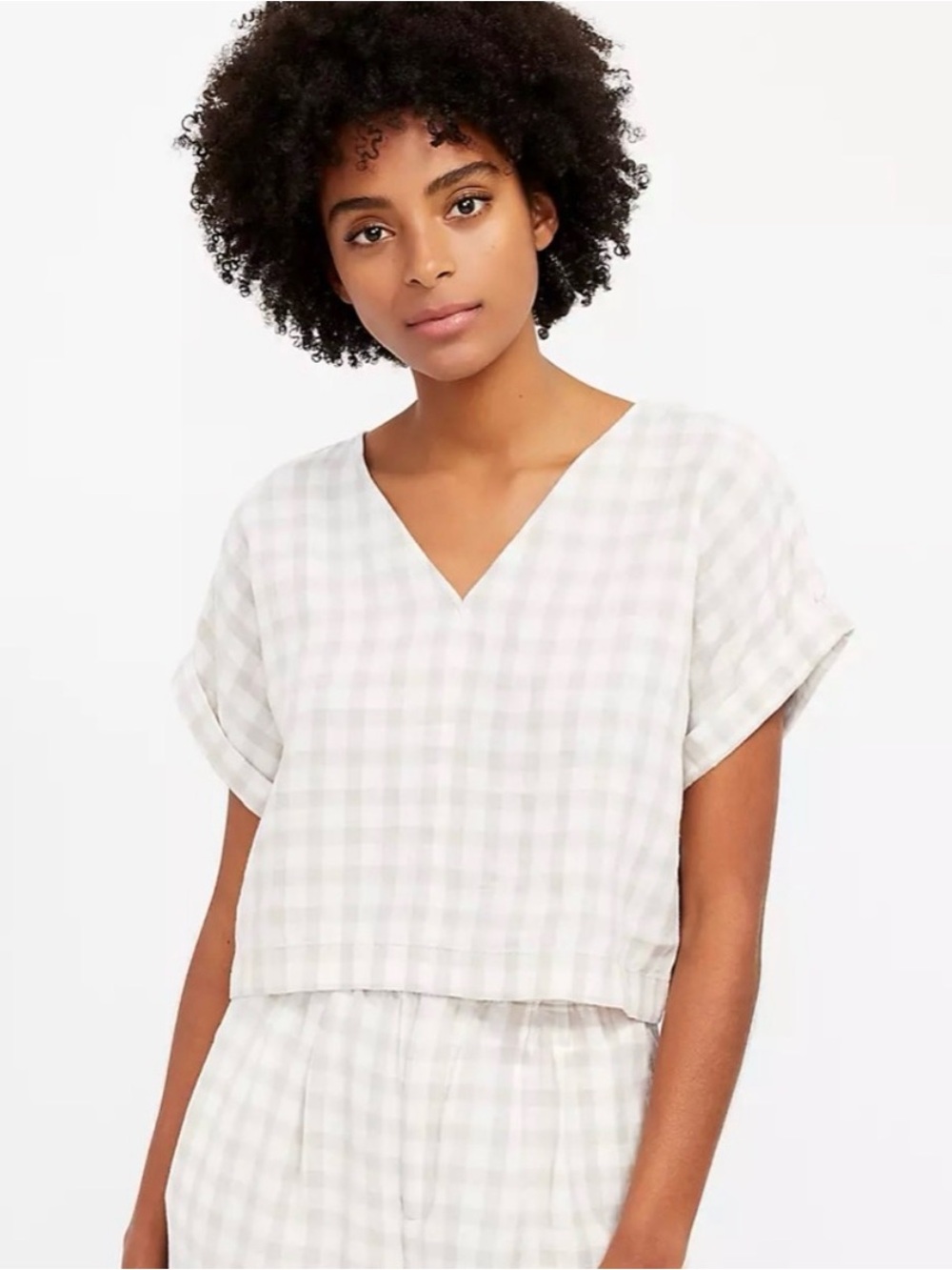 Lou & Grey Gingham V-Neck Boxy Linen Top Size XS